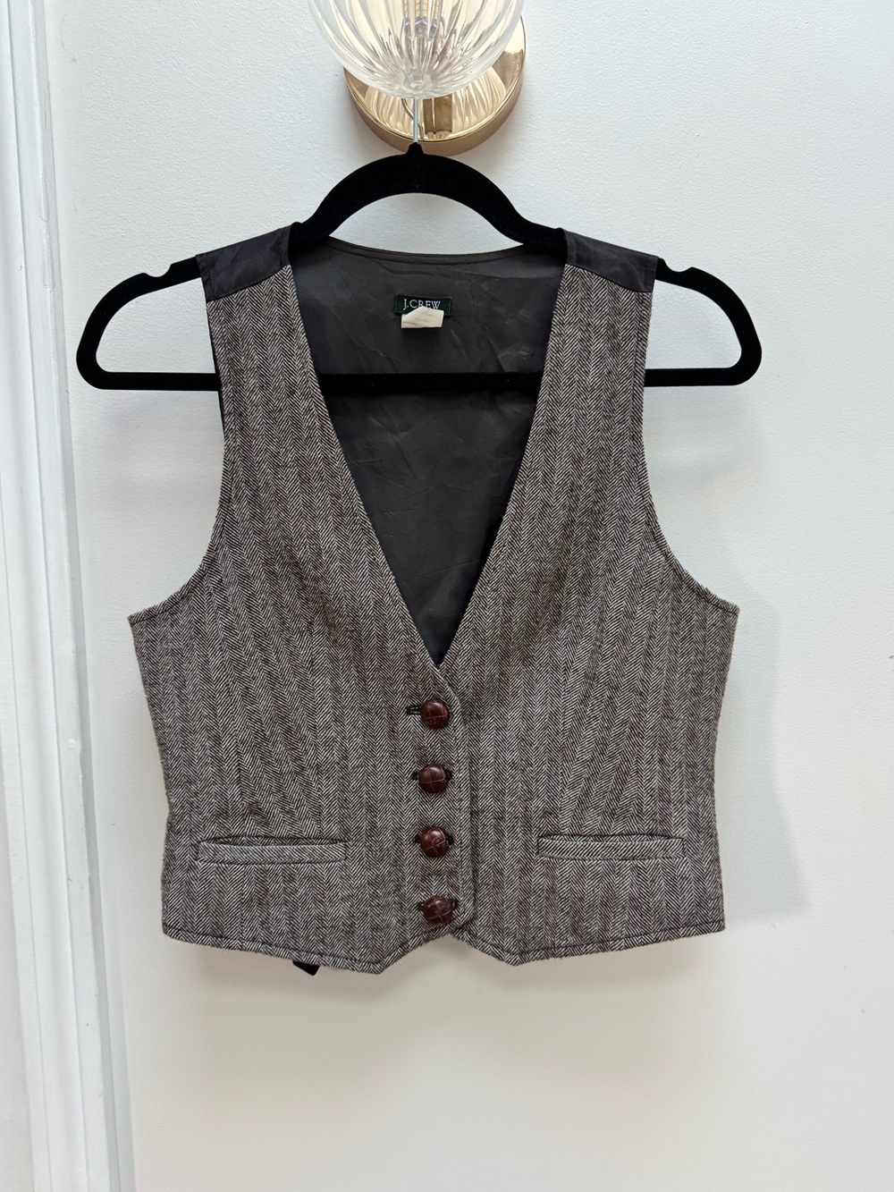 J. Crew Brown Herringbone Wool Vest with Wood Buttons